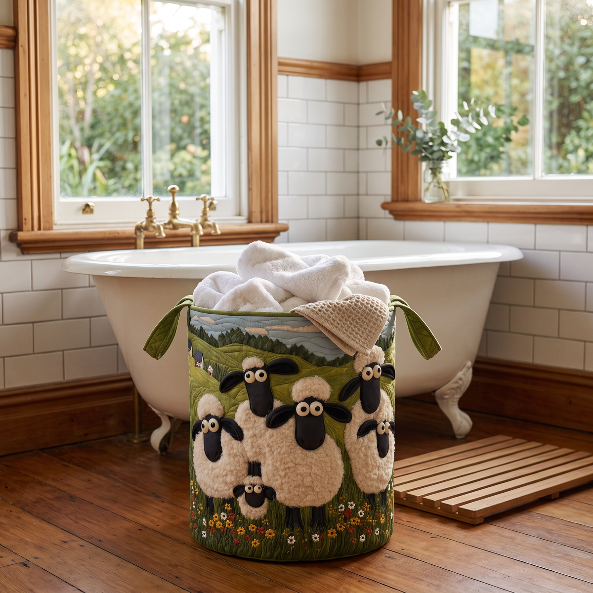 Cosy Meadow quilted sheep basket in a New Zealand villa bathroom