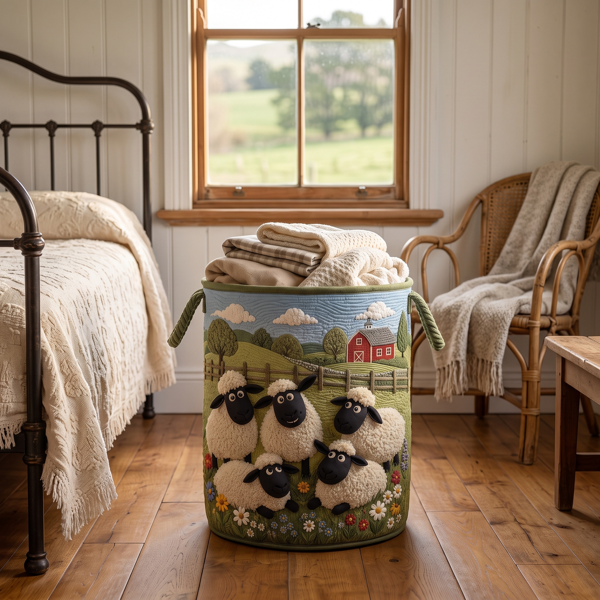 Green Pastures quilted sheep basket in a farmhouse bedroom