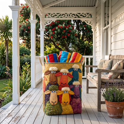 Colourful Flock quilted sheep basket on a villa veranda