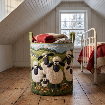 Cozy Meadow quilted sheep basket in a Nova Scotia attic bedroom