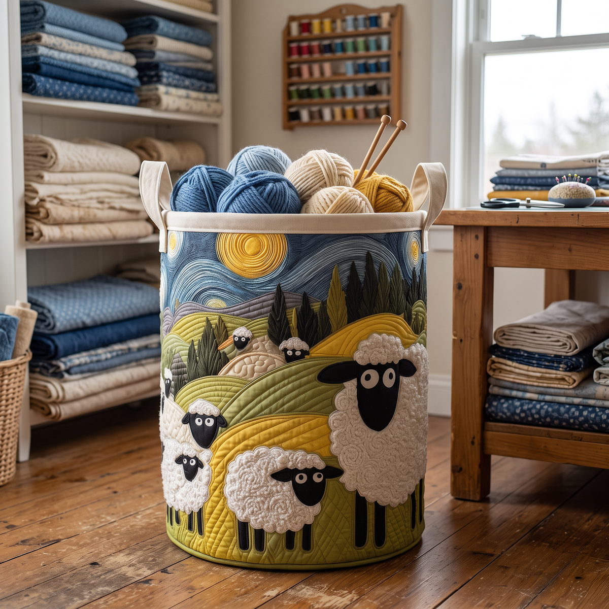 Starry Night quilted sheep basket with yarn in a sewing room