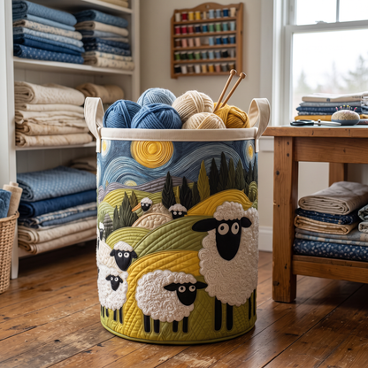 Starry Night quilted sheep basket with yarn in a sewing room