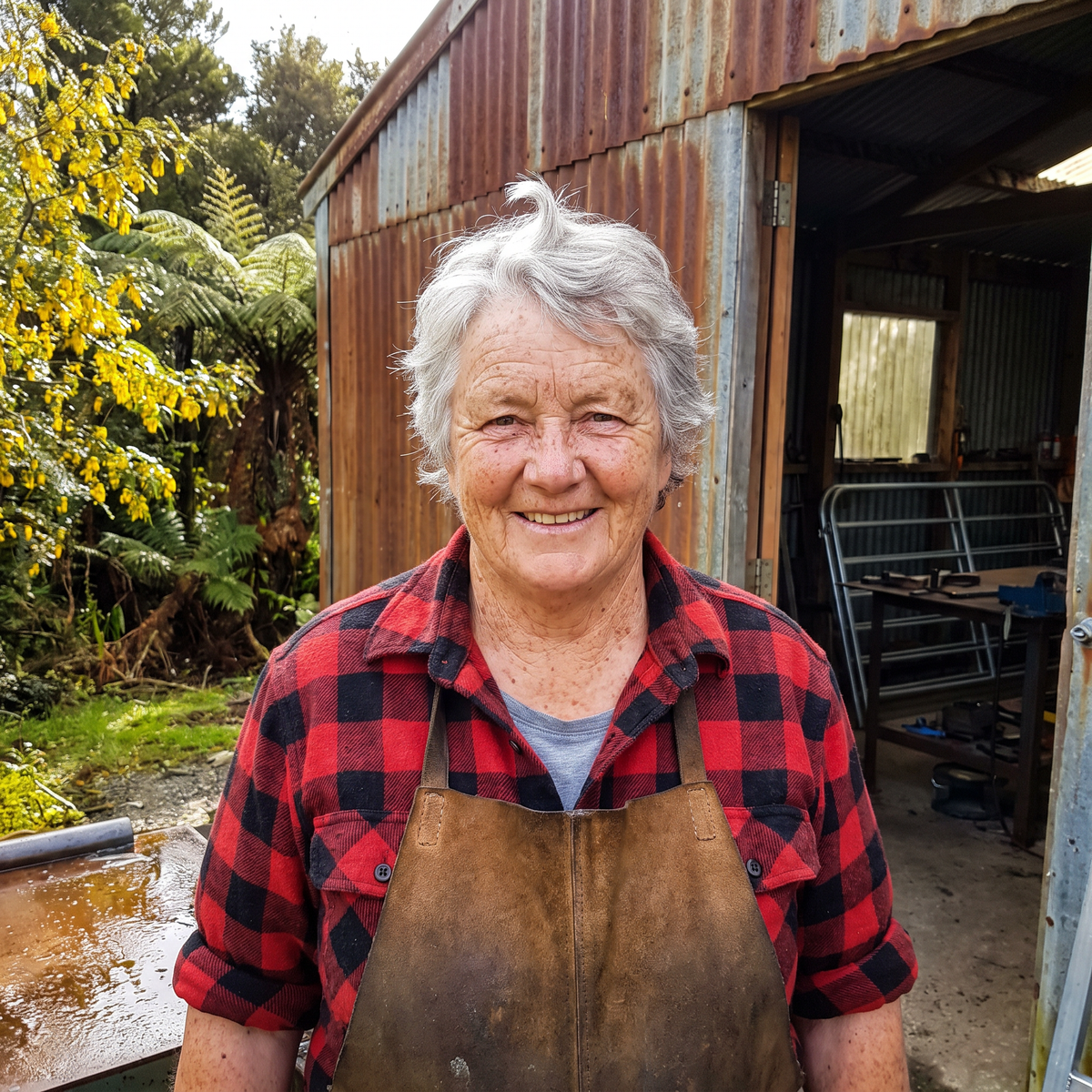 Maree Tierney, welder, at her tin shed in Ross on the West Coast of New Zealand