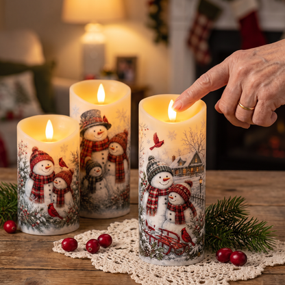 A fingertip touching the flame of the flameless snowman candle to show it stays cool