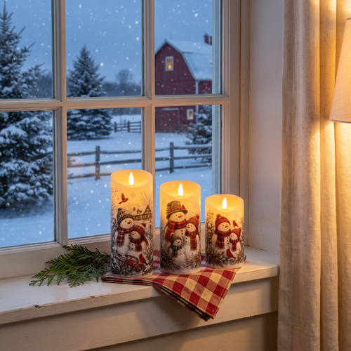 Lavonne's flameless snowman candles, set of three, glowing on a farmhouse windowsill in the snow