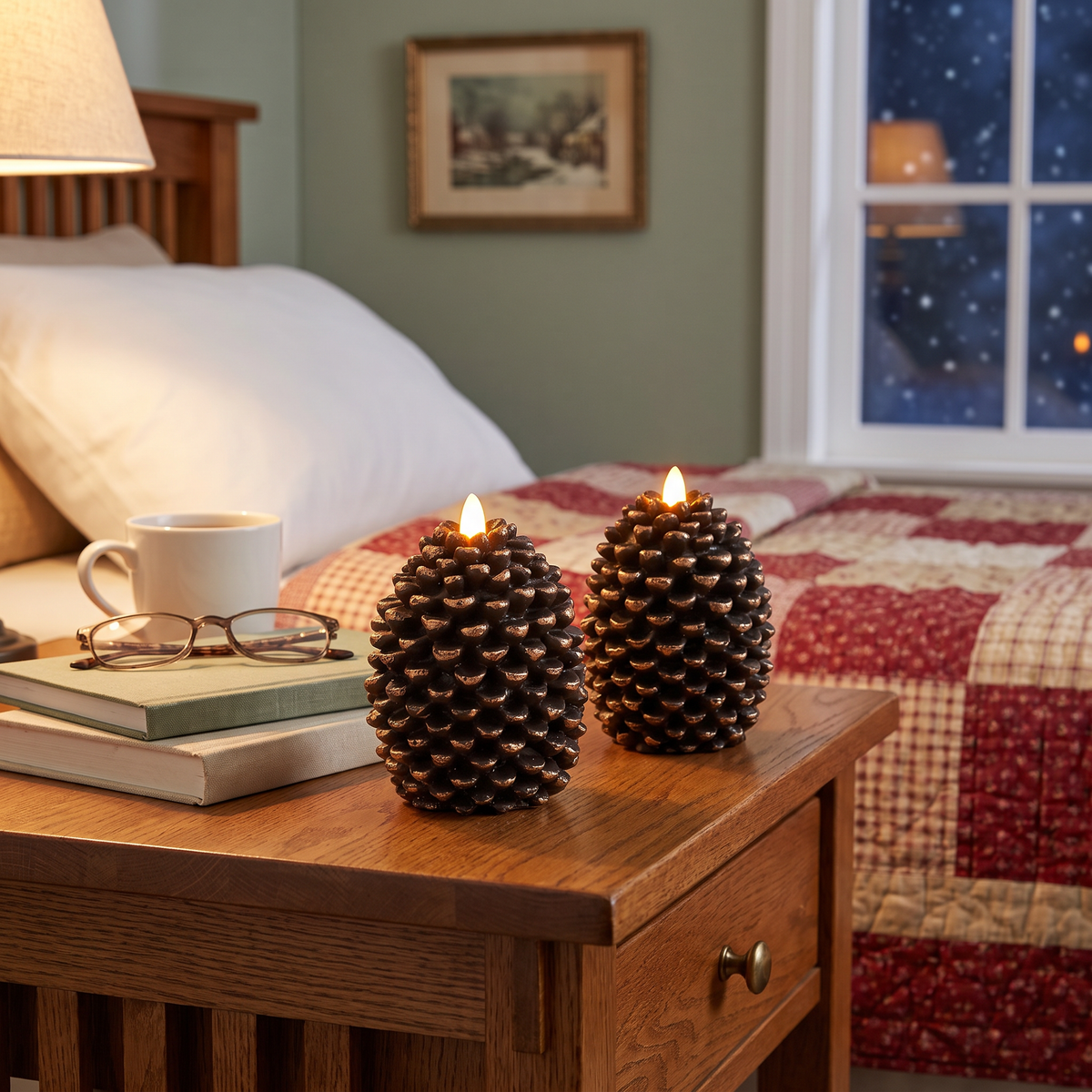 Lavonne's flameless pinecone candles, pair of two, glowing on a bedside nightstand