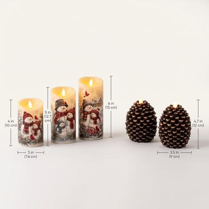 Size guide: snowman candles 4, 5 and 6 inches tall, pinecone candles 4.7 inches tall