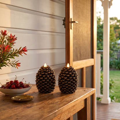 Dulcie's flameless pinecone candles, pair of two, glowing on a hall table