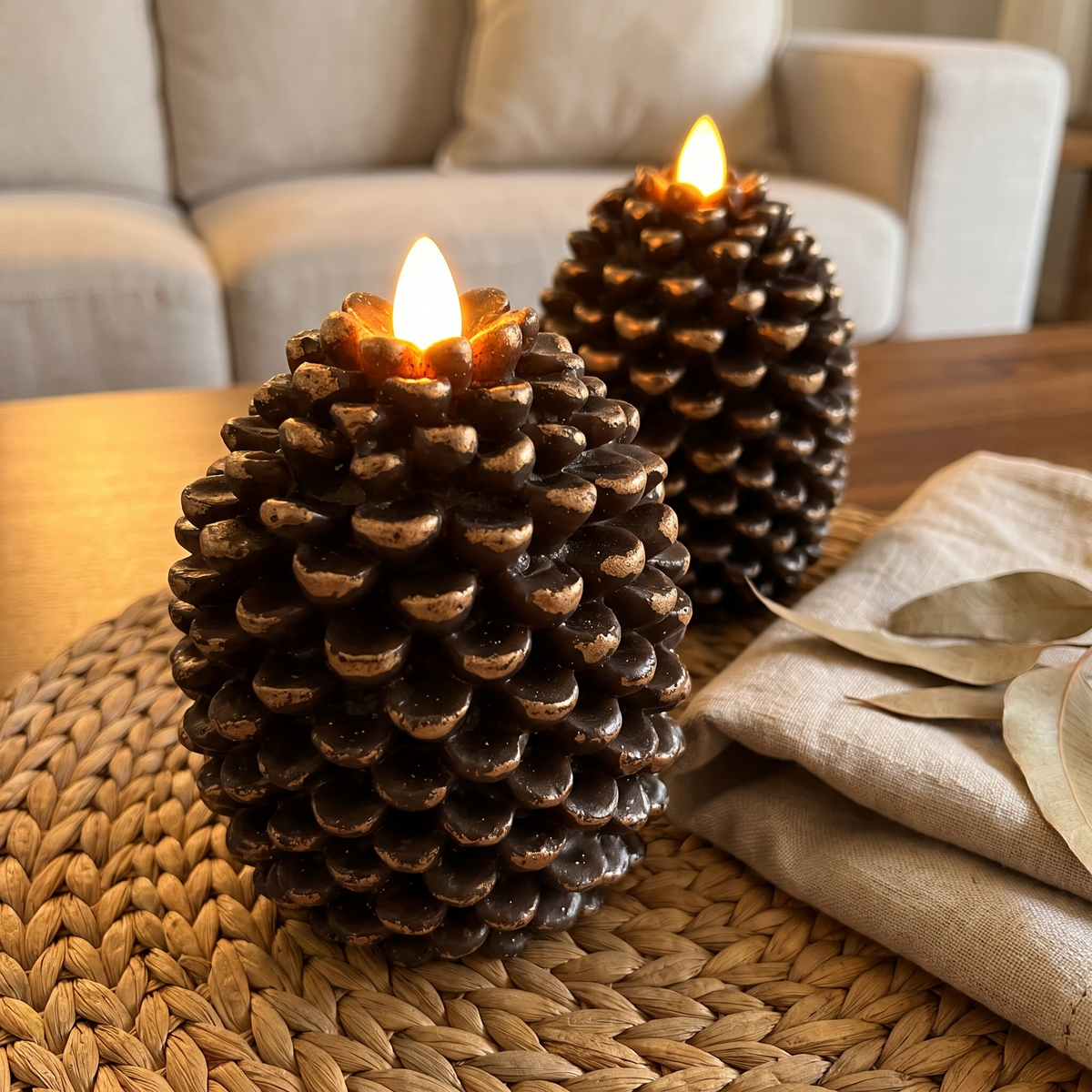 Close-up of the bronze-tipped flameless pinecone candle with its glowing flame