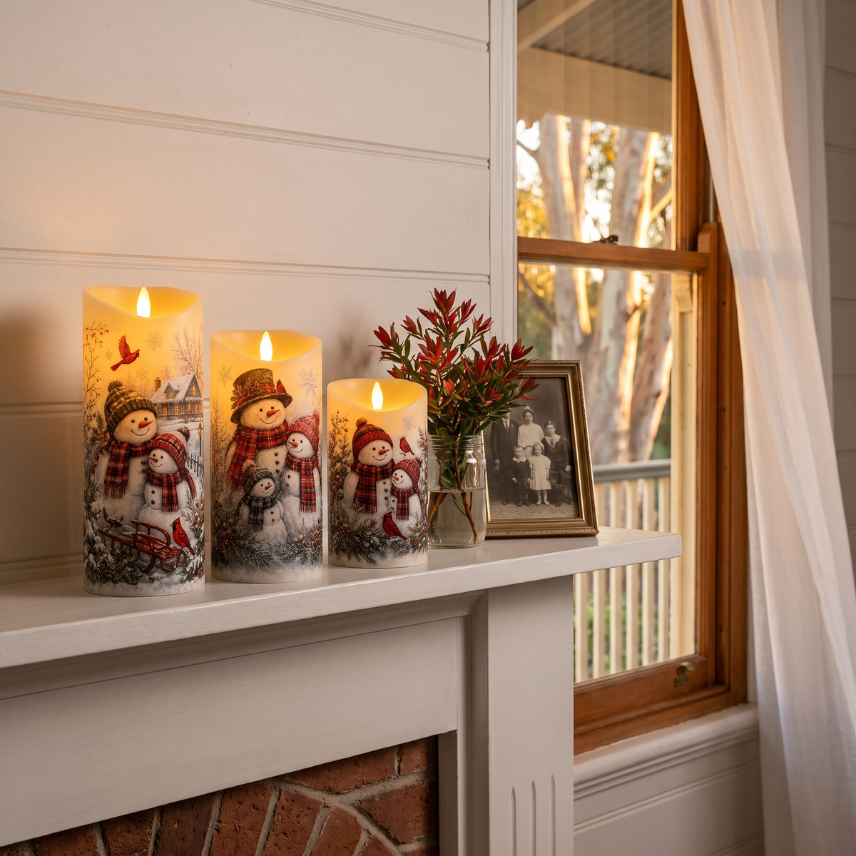 Dulcie's flameless snowman candles, set of three, glowing on a timber mantelpiece on a summer evening