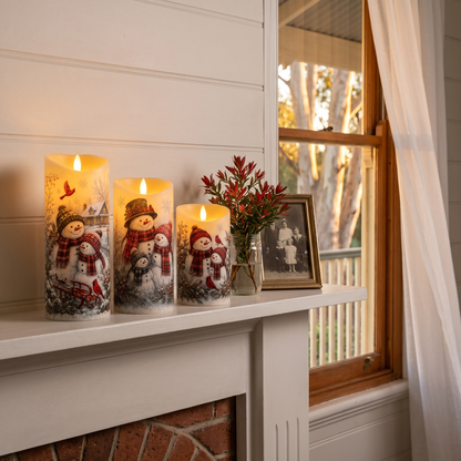 Dulcie's flameless snowman candles, set of three, glowing on a timber mantelpiece on a summer evening