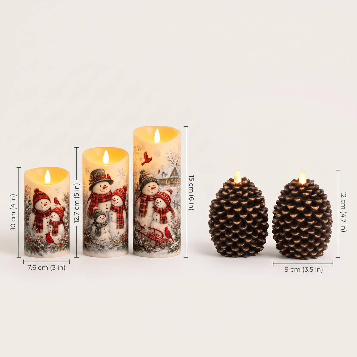 Size guide: snowman candles 10, 12.7 and 15 cm tall, pinecone candles 12 cm tall