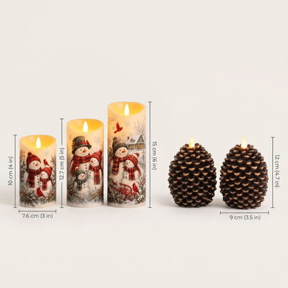 Size guide: snowman candles 10, 12.7 and 15 cm tall, pinecone candles 12 cm tall
