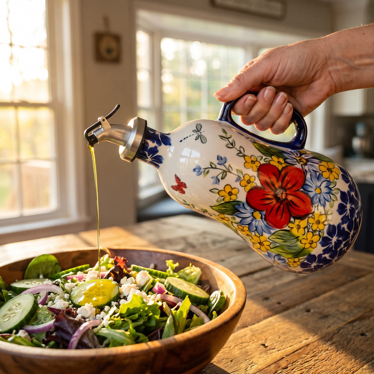 Drizzling olive oil from the Red Poppy dispenser over a salad