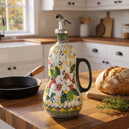 Wild Rose hand-painted olive oil dispenser on a butcher-block counter in a farmhouse kitchen