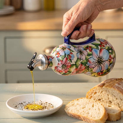 Pouring olive oil from the Rose Mallow dispenser into a dipping plate