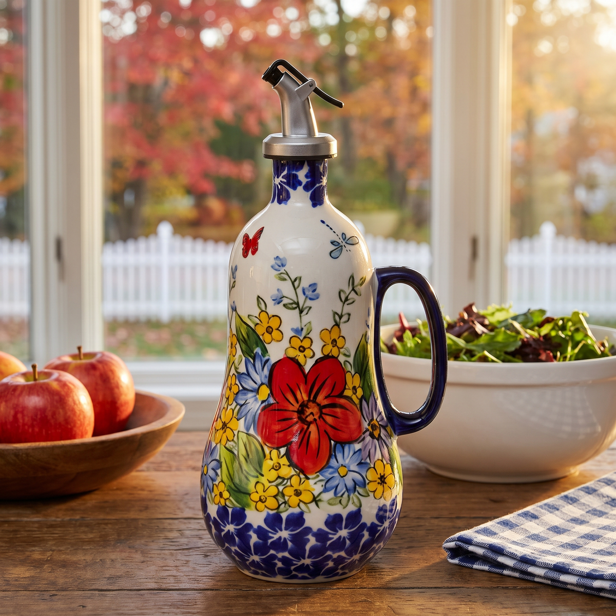 Red Poppy hand-painted olive oil dispenser on a farm table by a bay window