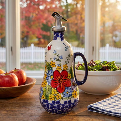 Red Poppy hand-painted olive oil dispenser on a farm table by a bay window