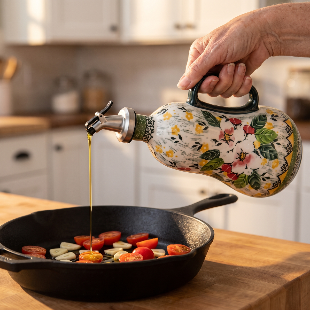 Pouring olive oil from the Wild Rose dispenser into a cast-iron skillet