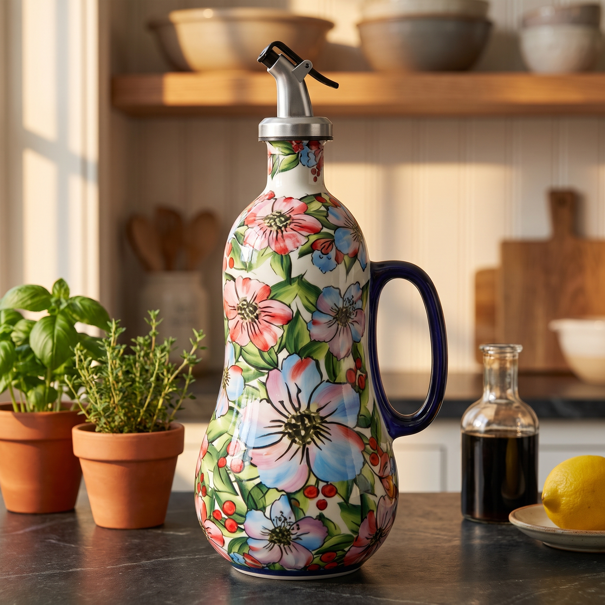 Rose Mallow hand-painted olive oil dispenser on a soapstone counter