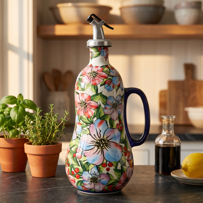 Rose Mallow hand-painted olive oil dispenser on a soapstone counter