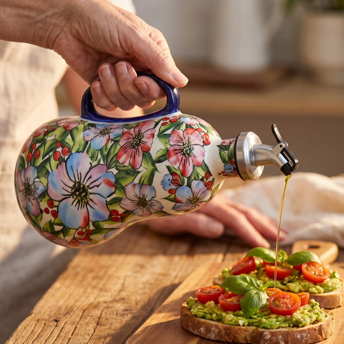 Drizzling olive oil from the Native Hibiscus dispenser over avocado toast