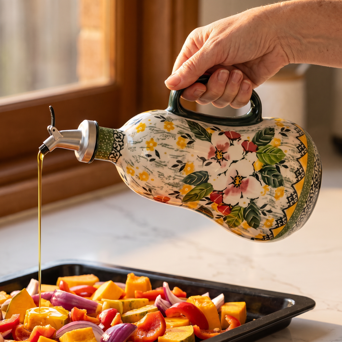 Drizzling olive oil from the Wild Rose dispenser over roast vegies