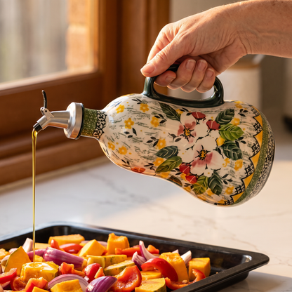 Drizzling olive oil from the Wild Rose dispenser over roast vegies
