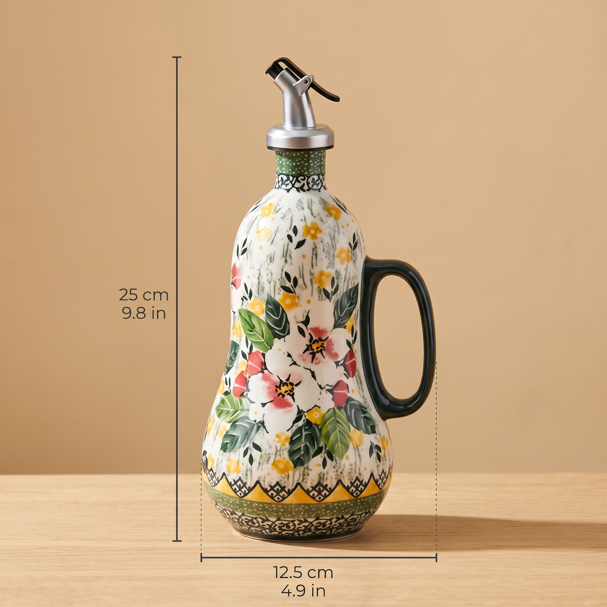 Oil dispenser dimensions: 25 cm tall, 12.5 cm wide including the handle