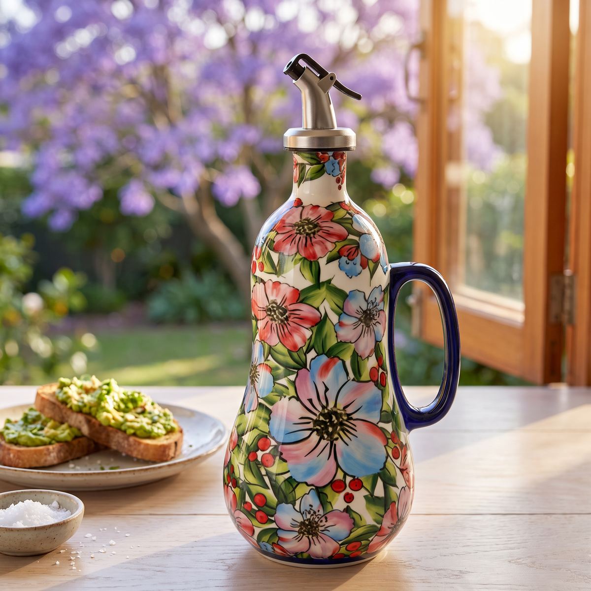 Native Hibiscus hand-painted olive oil dispenser by an open window with a jacaranda in bloom