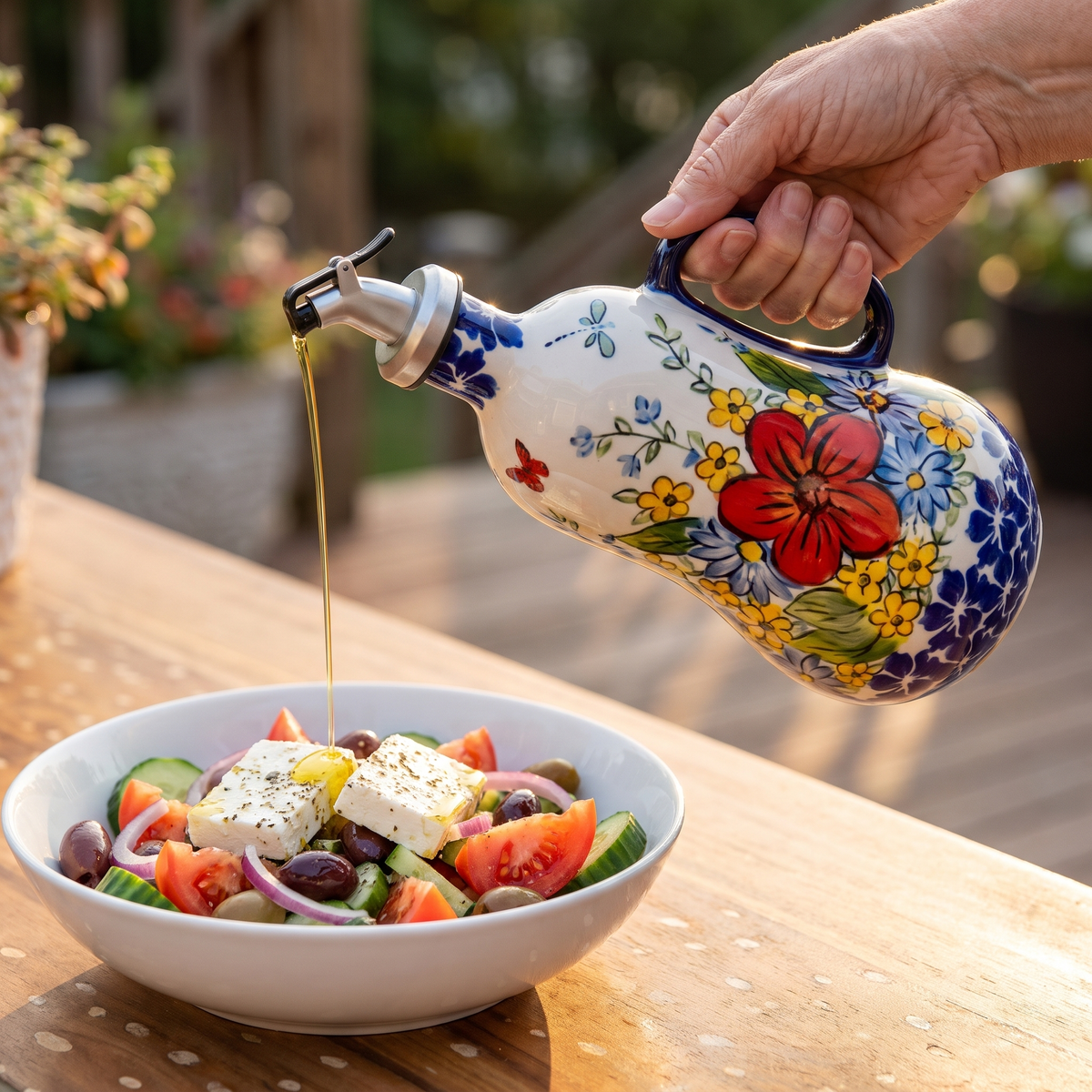 Pouring olive oil from the Red Poppy dispenser over a Greek salad