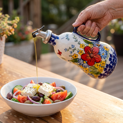 Pouring olive oil from the Red Poppy dispenser over a Greek salad
