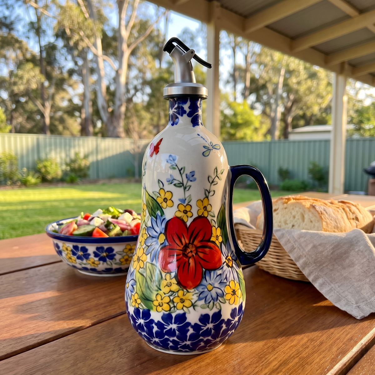 Red Poppy hand-painted olive oil dispenser on a verandah table