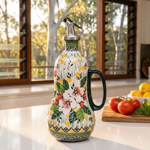 Wild Rose hand-painted olive oil dispenser on a white stone benchtop with louvre windows and gum trees