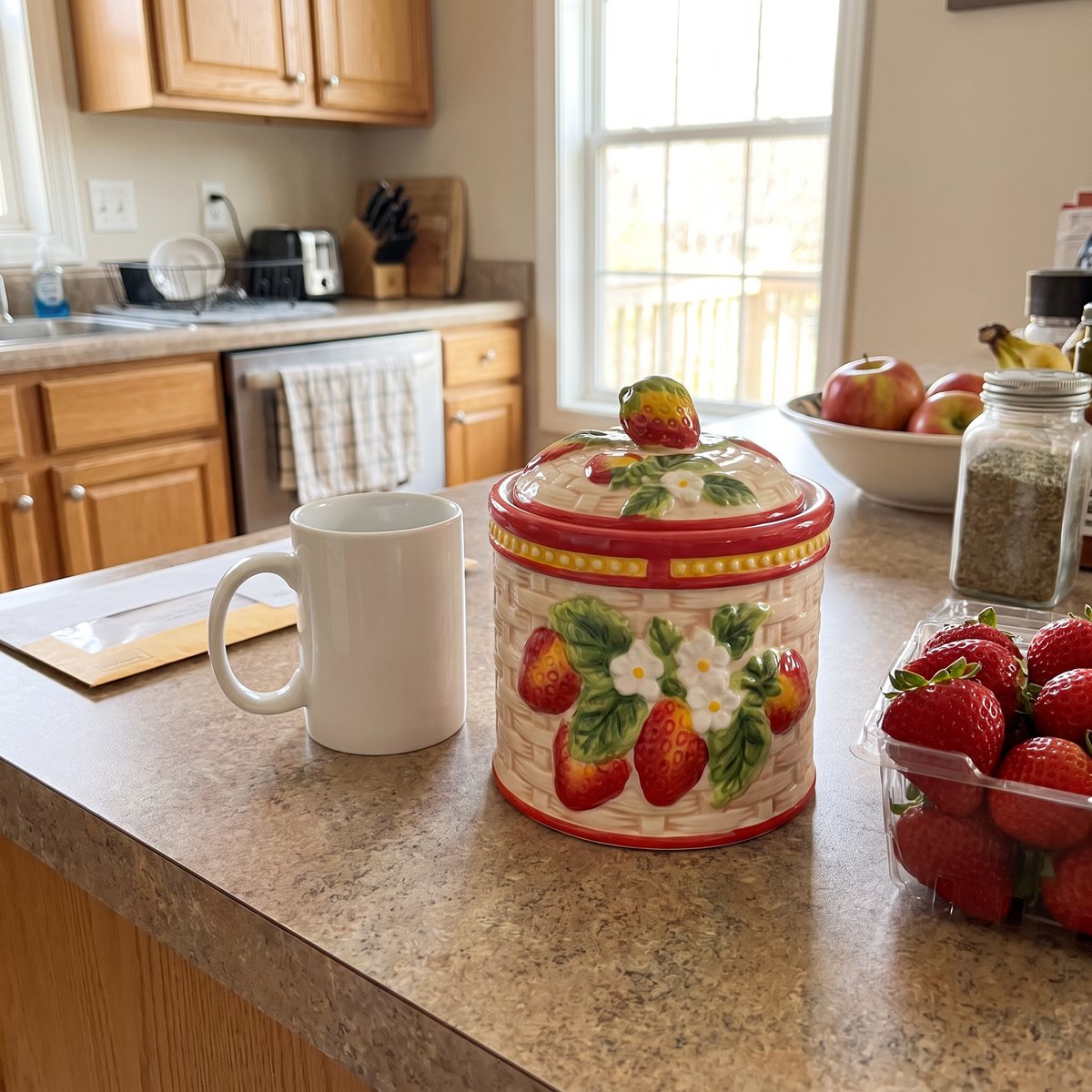 Imogene's hand-painted fruit jar, Strawberry, next to a coffee mug