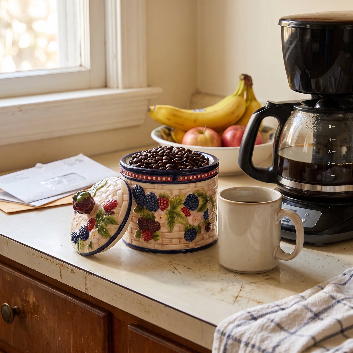 Imogene's hand-painted fruit jar, Blackberry, filled with coffee beans