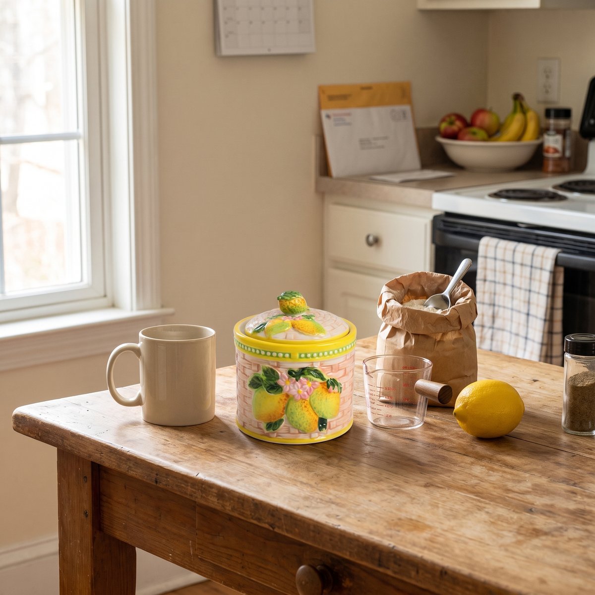 Imogene's hand-painted fruit jar, Lemon, on a kitchen table