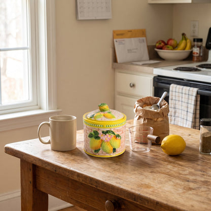 Imogene's hand-painted fruit jar, Lemon, on a kitchen table