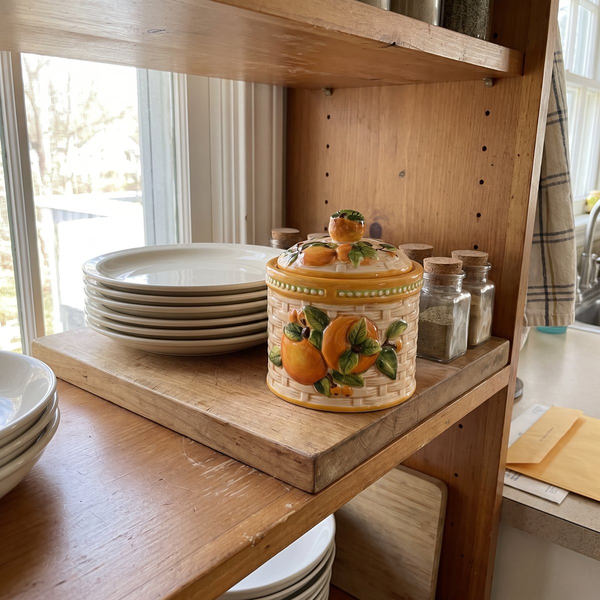 Imogene's hand-painted fruit jar, Persimmon, on a kitchen shelf