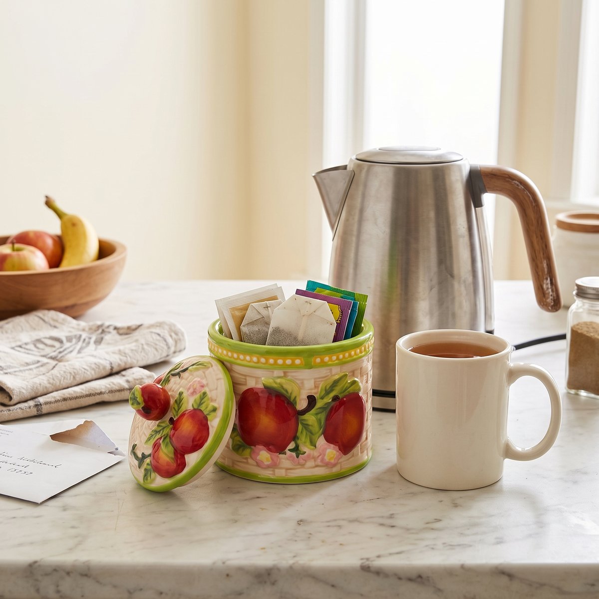 Imogene's hand-painted fruit jar, Apple, filled with tea bags