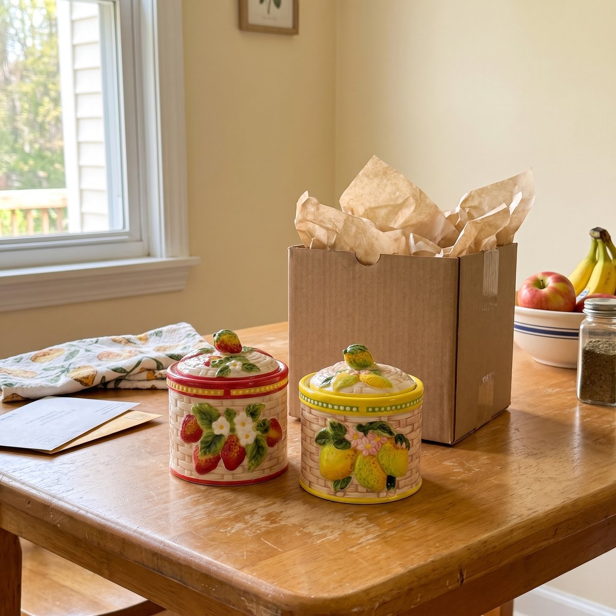 Strawberry and Lemon fruit jars with a shipping box