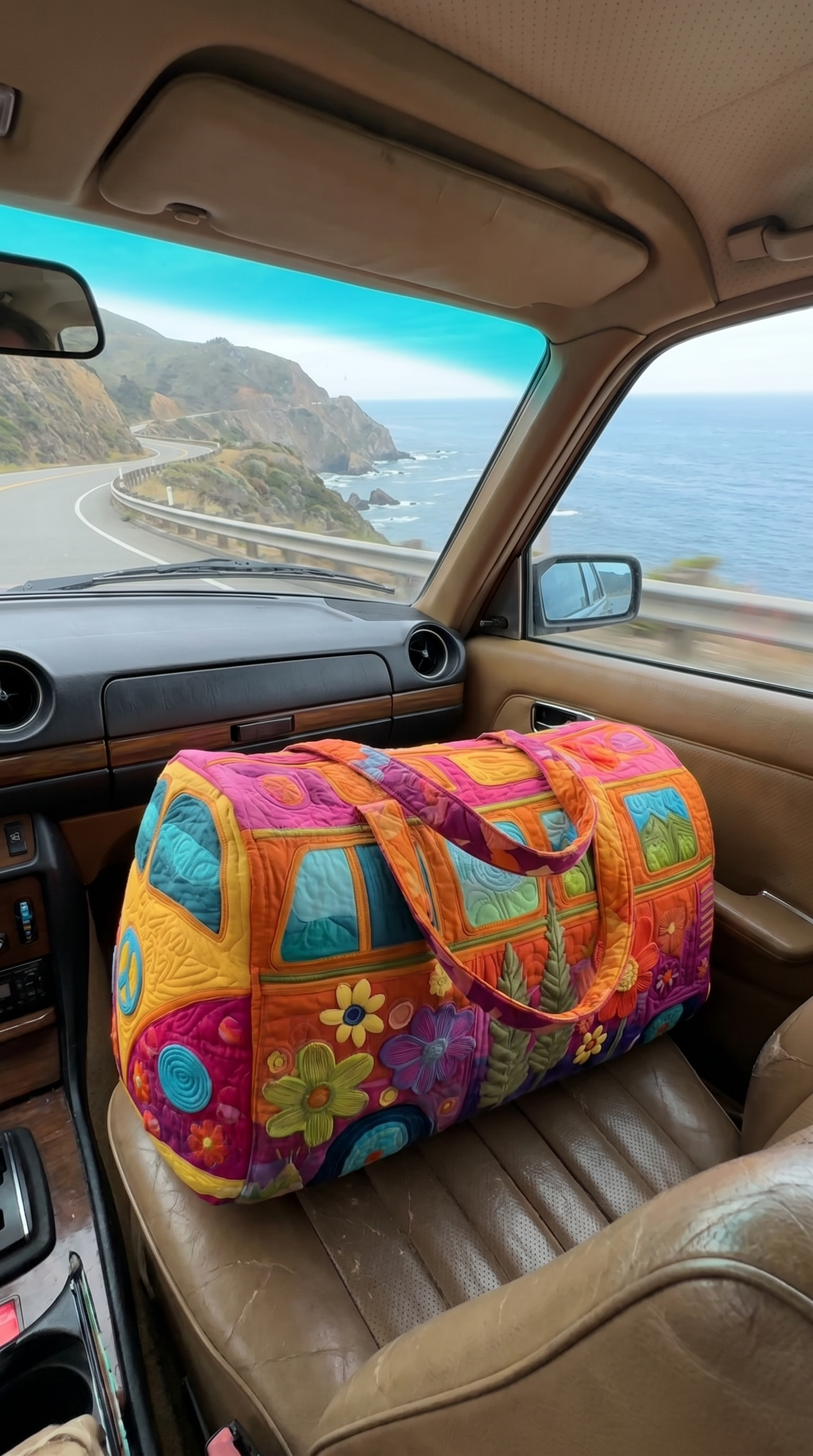 Hippie Bus Weekender on a vintage car passenger seat, Pacific coast road