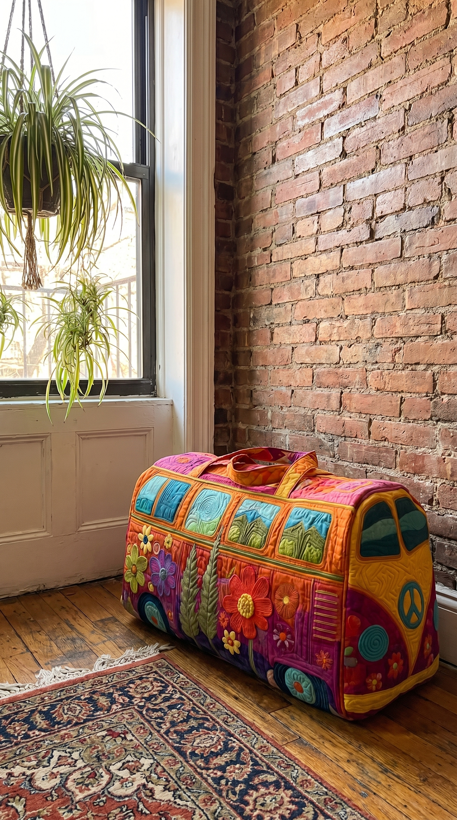 Hippie Bus Weekender on a hardwood floor in a Brooklyn apartment