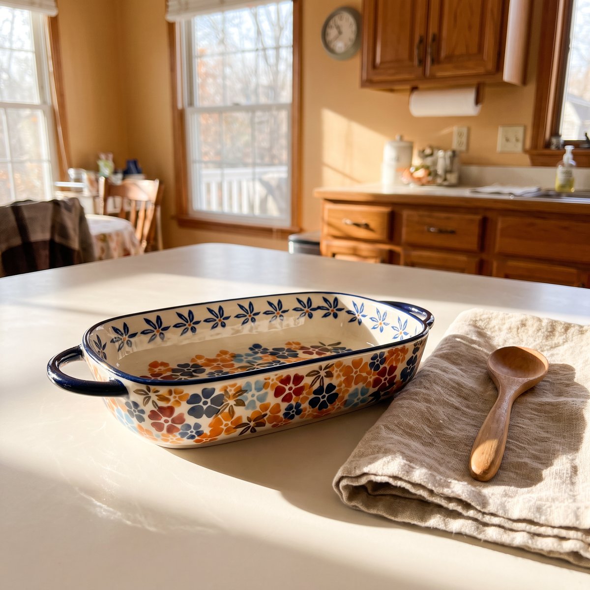 Bernice's hand-stamped baking dish, Wildflower pattern