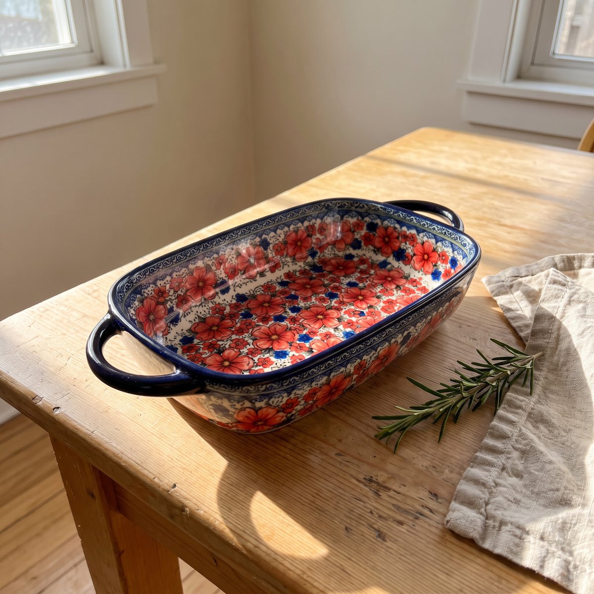 Bernice's hand-stamped baking dish, Poppy pattern