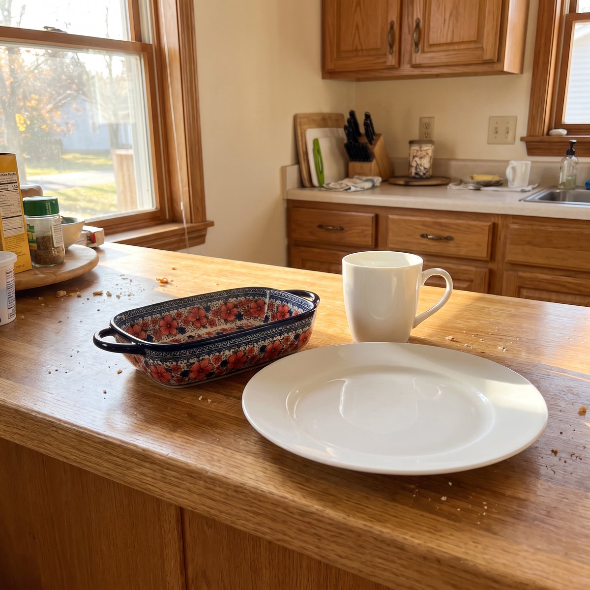 Poppy baking dish next to a dinner plate for size