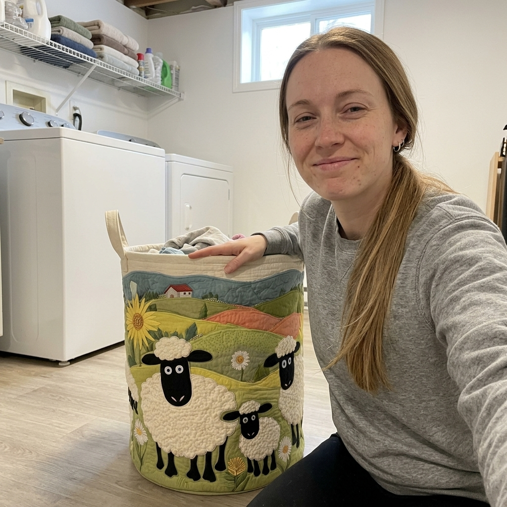 Customer selfie with Pastoral Flock sheep basket in her laundry room