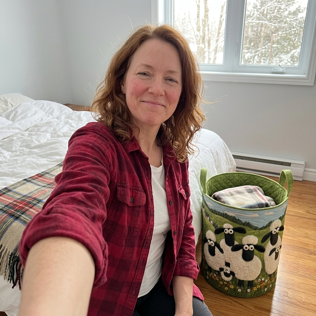 Customer selfie with Cozy Meadow sheep basket in her bedroom