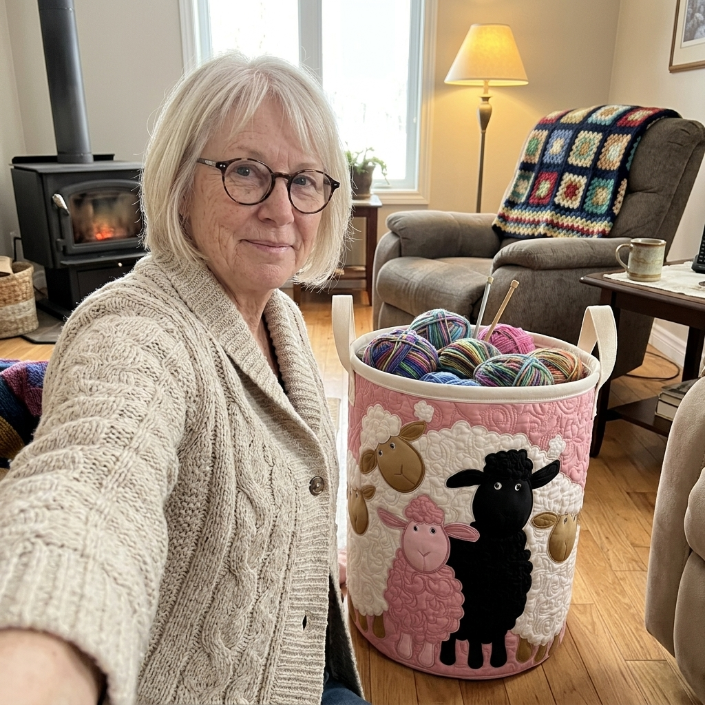 Customer selfie with Pink Flock sheep basket full of yarn