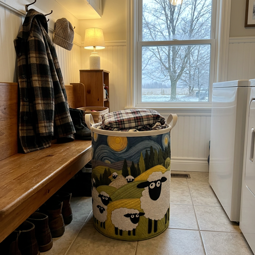 Starry Night sheep basket in a farmhouse mudroom